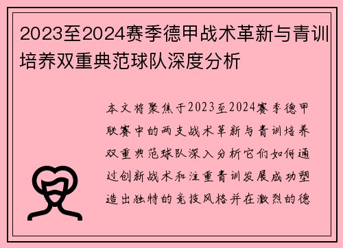 2023至2024赛季德甲战术革新与青训培养双重典范球队深度分析